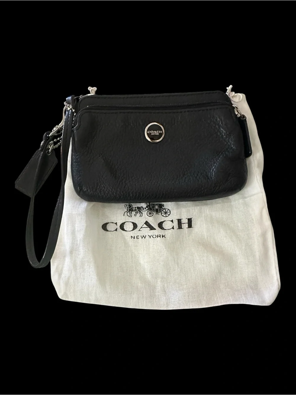COACH Black Pebbled Leather Double Zipper Wristlet, Logo Disc, Ice Blue Lining